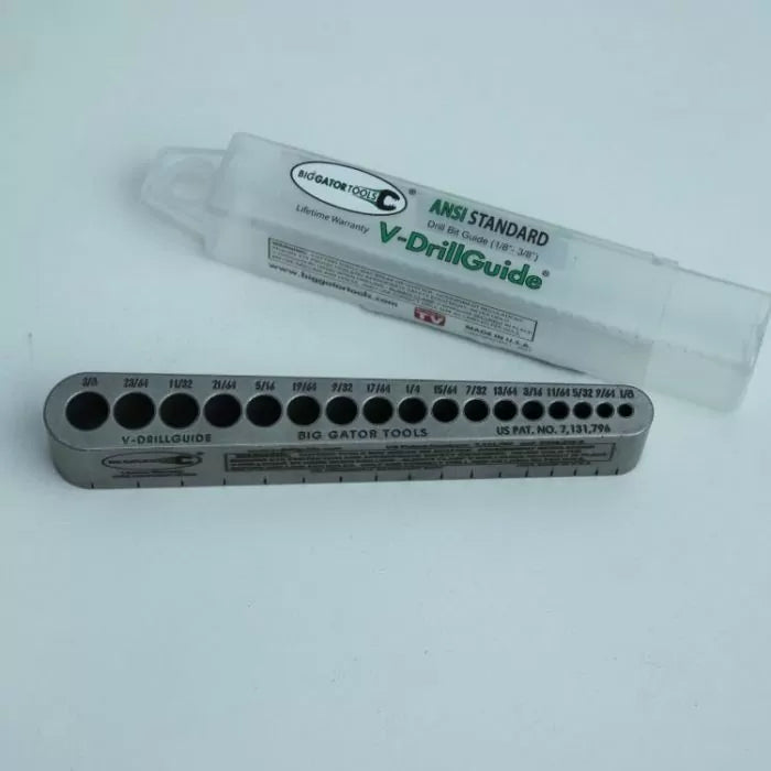 Metal drill bit guide with multiple hole sizes and labeled plastic case for woodworking.