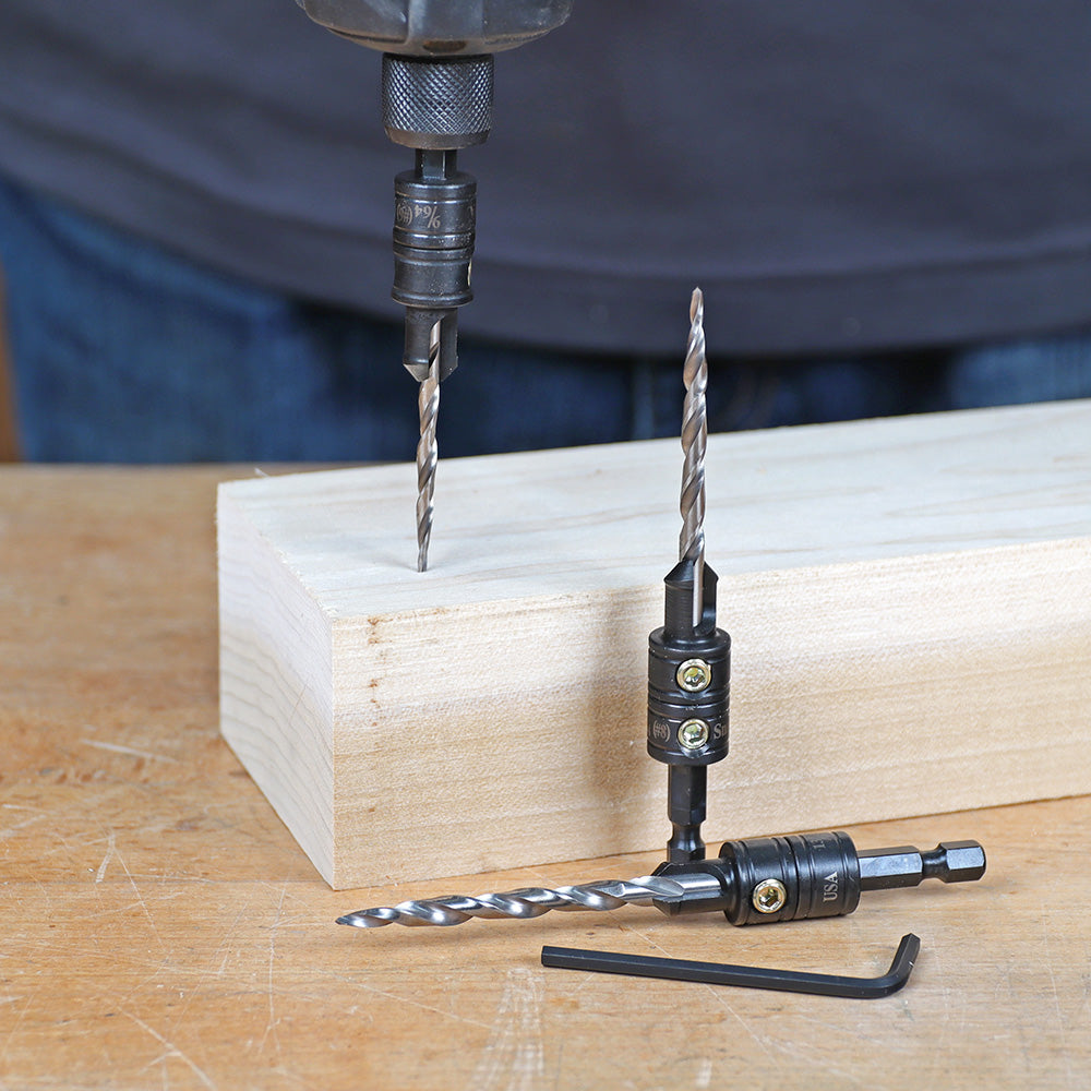 Woodworking countersink drill bits with hex shank in use and displayed on wood block