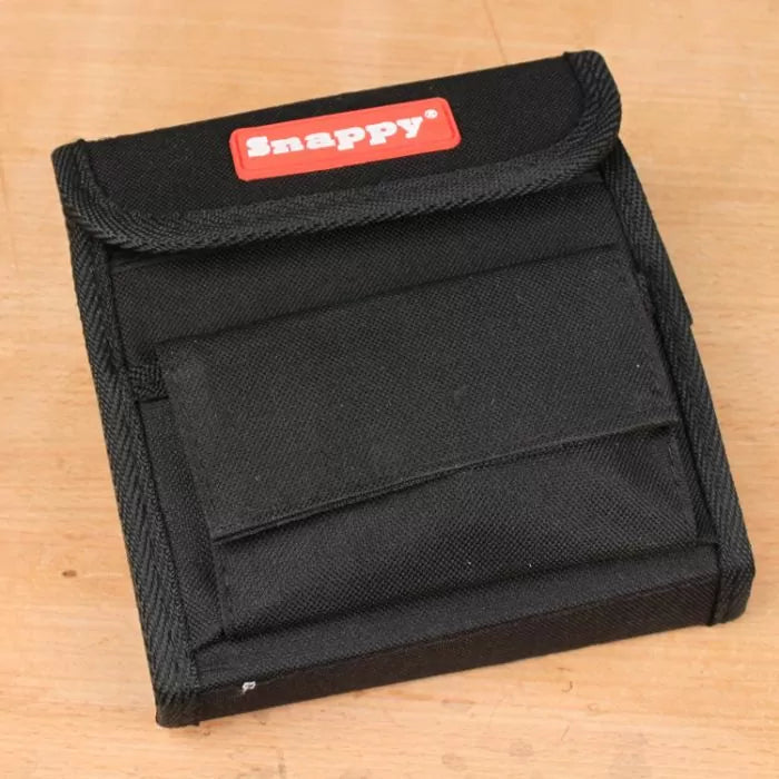 Black fabric tool pouch with Snappy logo, designed for woodworking tool storage