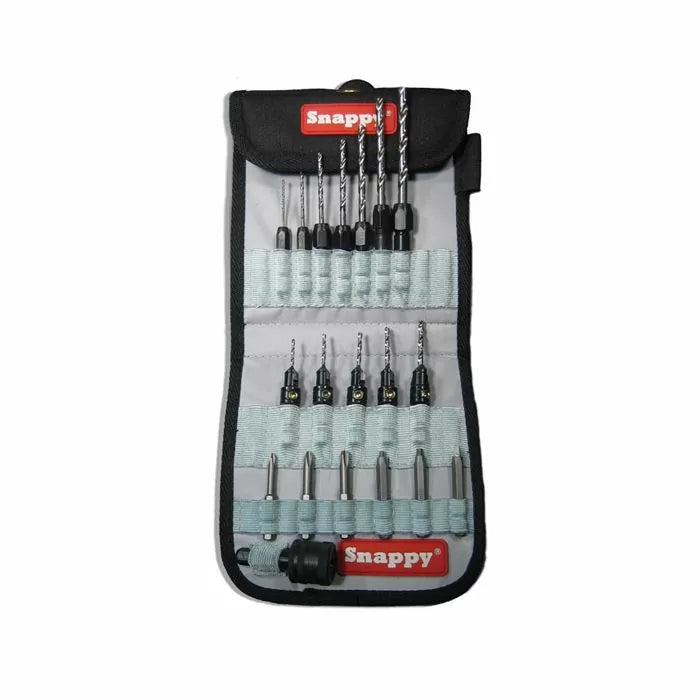 Woodworking drill bit set with assorted bits and holders in a gray Snappy case