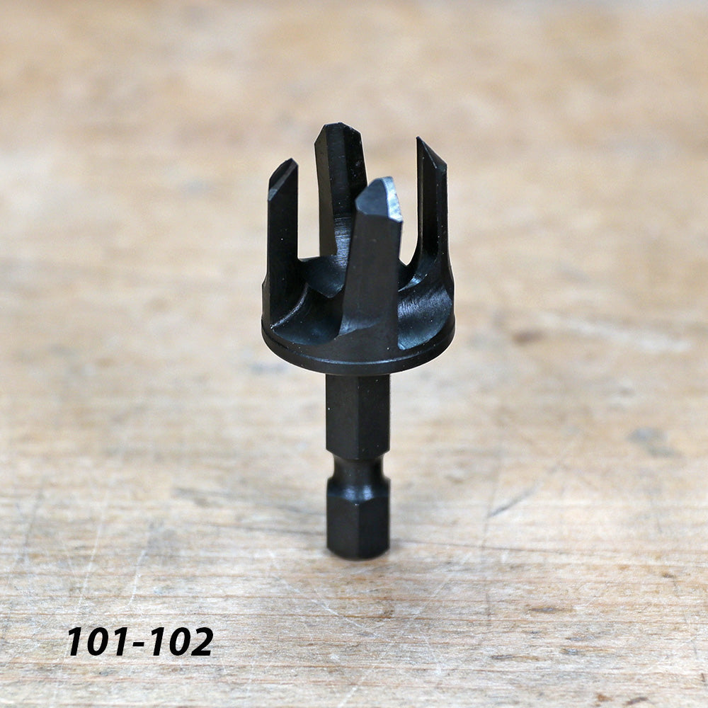 Woodworking plug cutter drill bit on workbench, precision cutting tool, SKU 101-102