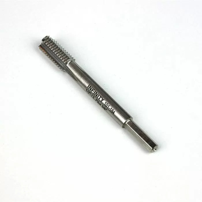 Steel threading tap drill bit for woodworking, shown on white background