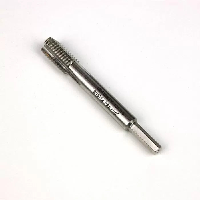 Steel thread cutting tap for woodworking, 9/16-12 size, on white background
