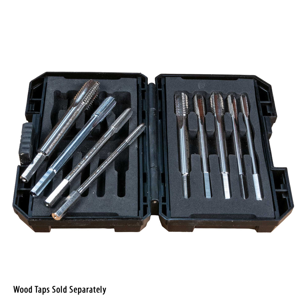 Metal thread tap set in black storage case on white background, wood taps not included