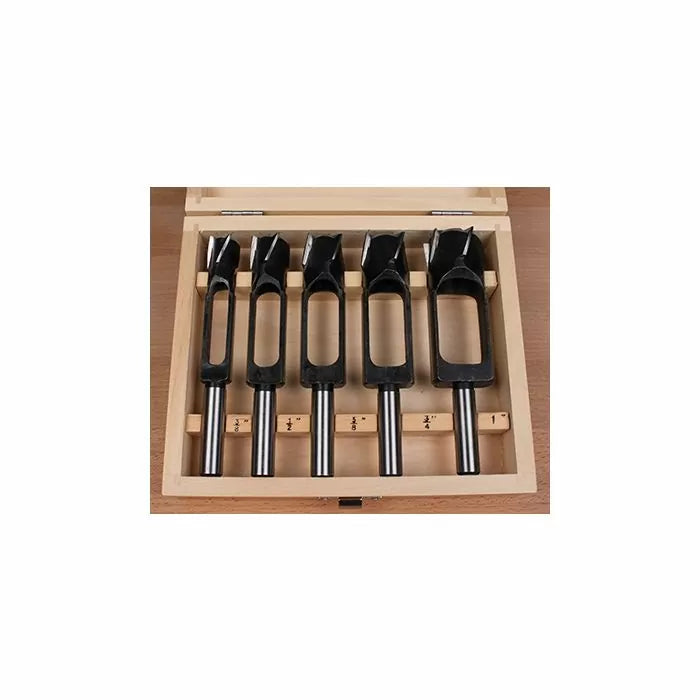 Set of five woodworking hollow chisel mortiser bits in a wooden storage case