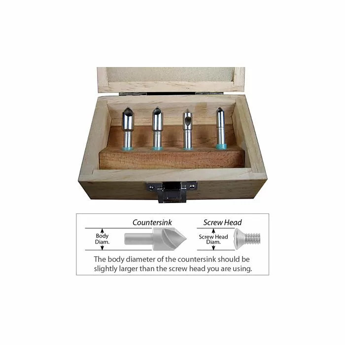 Four-piece countersink drill bit set in wooden box with sizing diagram for woodworking.
