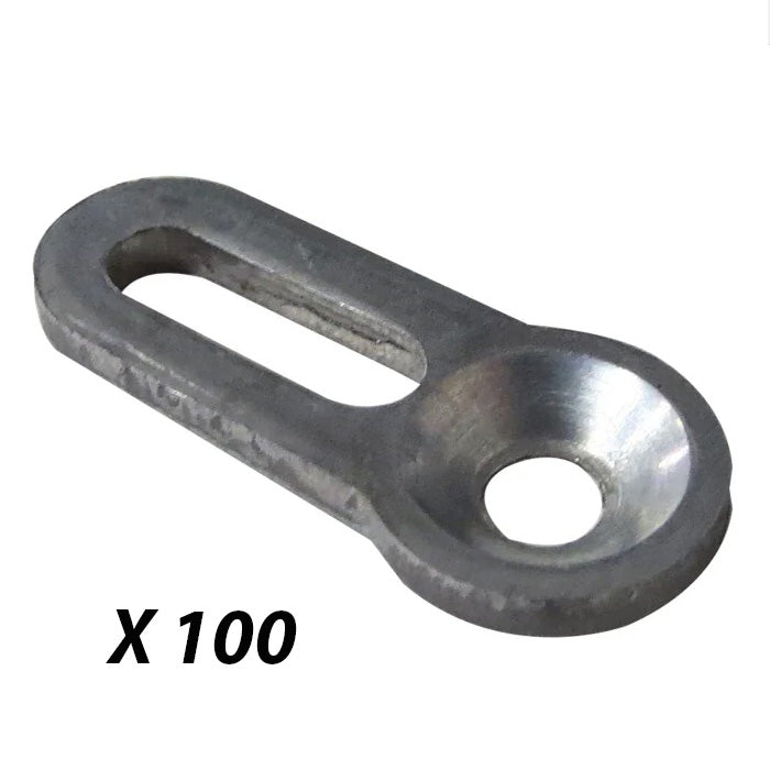 Metal oval hanger bolt fastener with countersunk hole, quantity 100, for woodworking projects.