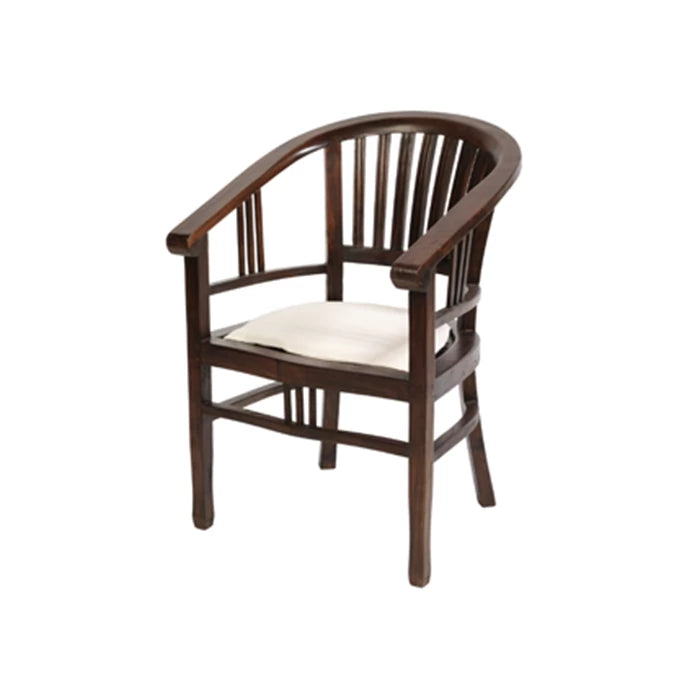 Curved back wooden dining chair with vertical slats and white seat cushion on white background