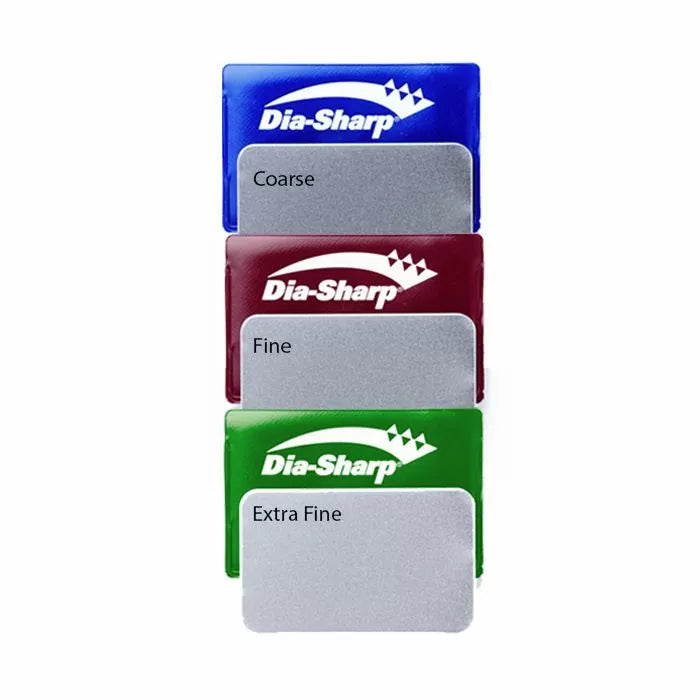 Set of three Dia-Sharp diamond sharpening cards labeled coarse, fine, and extra fine.