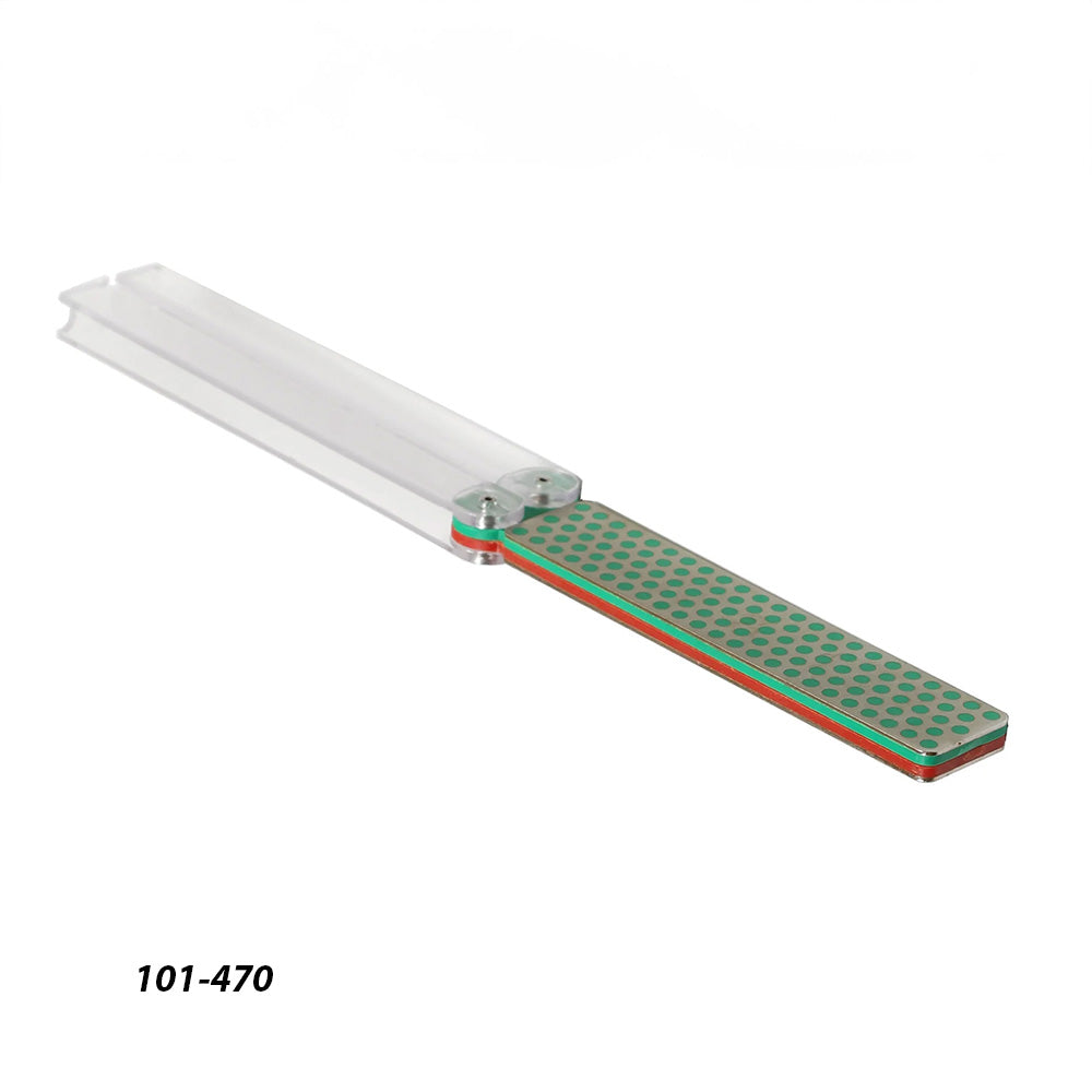 Diamond sharpening stone with green grit and clear handle for woodworking tool maintenance