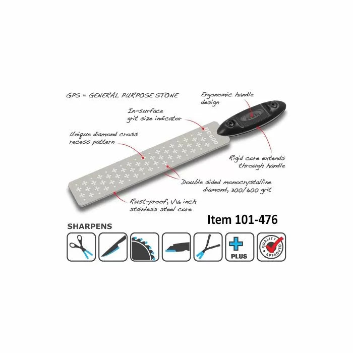 Double-sided diamond sharpening stone with ergonomic handle, grit indicator, and icons showing tool sharpening uses.