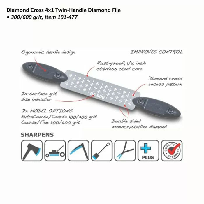 4x1 twin-handle diamond file with ergonomic handles, 300/600 grit, for sharpening tools