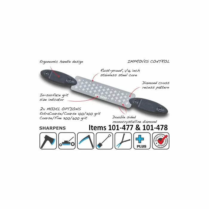 Double-sided diamond sharpening file with ergonomic handles, grit options, and tool icons.