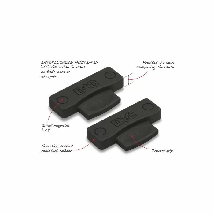 Pair of black rubber sharpening tool accessories with interlocking design and labeled features