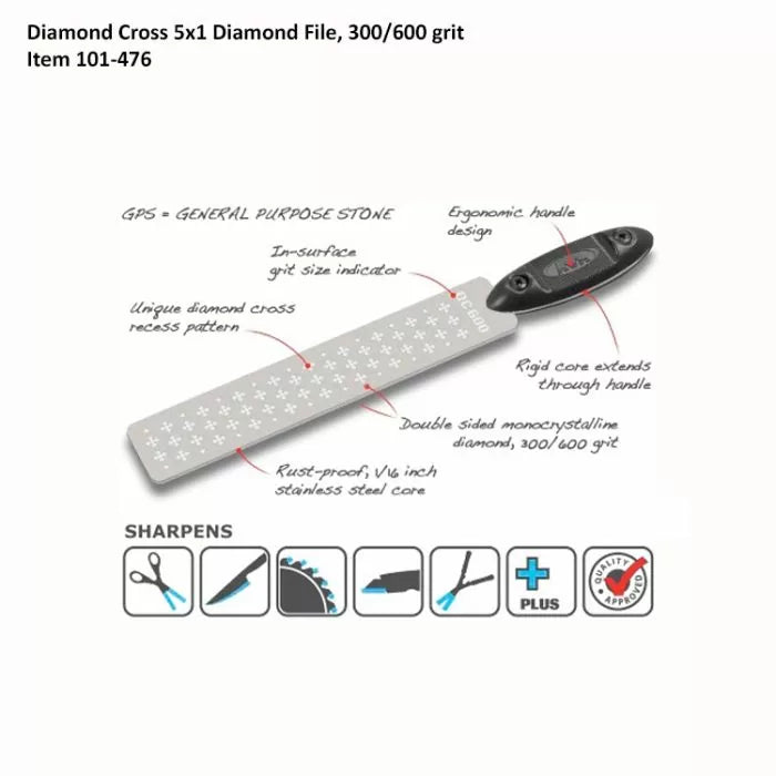 Diamond file with ergonomic handle, dual grit surfaces, and diamond cross pattern for sharpening tools