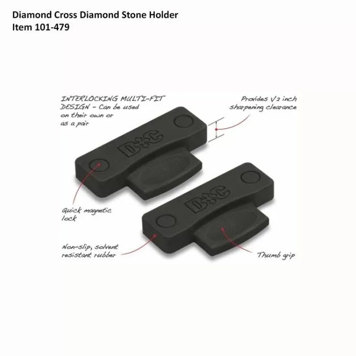 Pair of black diamond stone holders with interlocking design, magnetic lock, thumb grip, and non-slip rubber for sharpening.