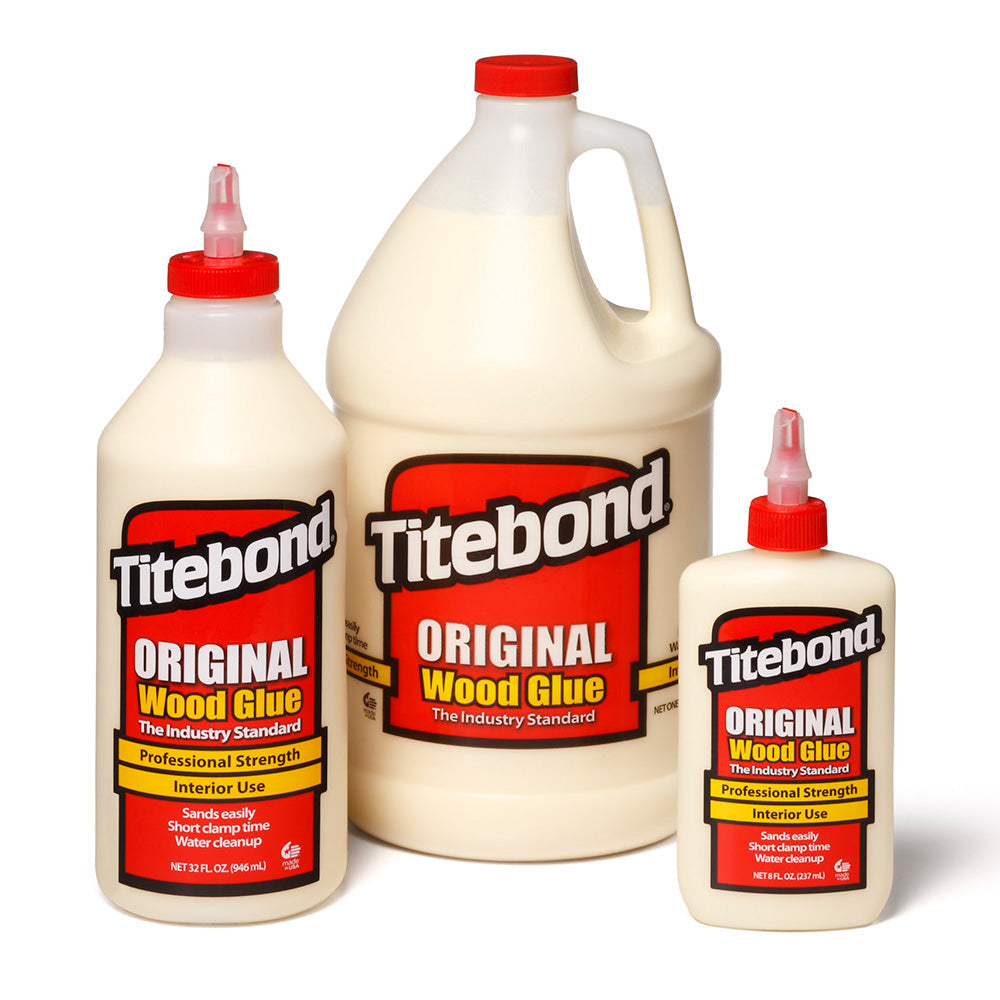Titebond Original wood glue bottles and jug for woodworking projects on white background