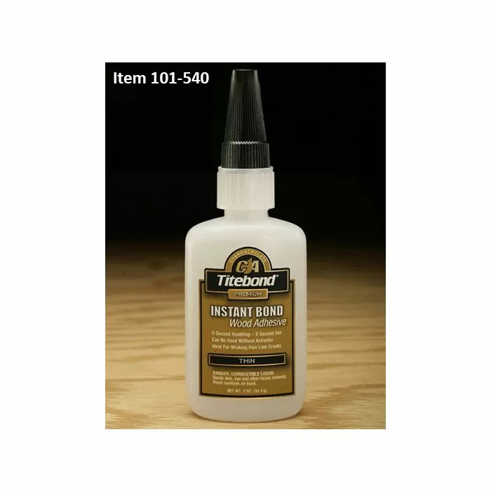 Titebond CA Instant Bond wood adhesive bottle on a wood surface, item 101-540