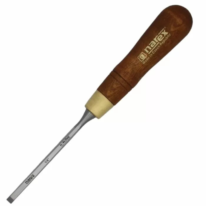 Woodworking chisel with wooden handle and steel blade, ideal for precise carving and joinery.