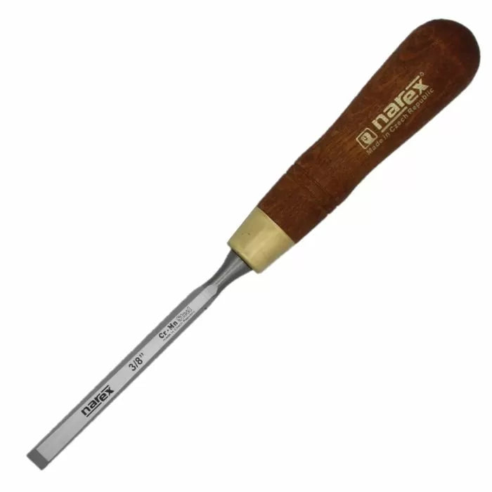 Woodworking chisel with sharp steel blade and wooden handle on white background