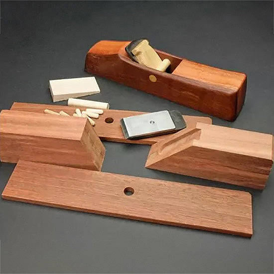 Wood hand plane kit with hardwood body, blade, dowels, and assembly pieces for woodworking