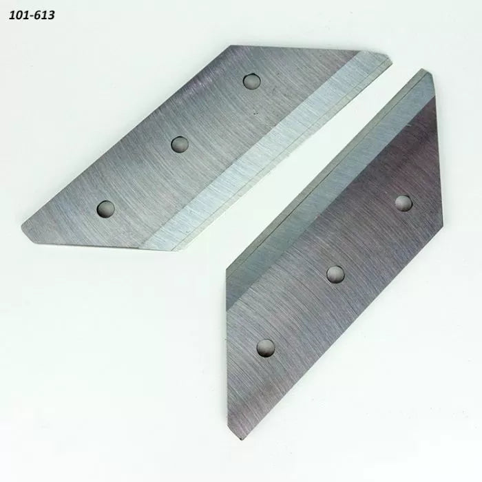 Pair of replacement planer blades with angled edges and mounting holes on white background