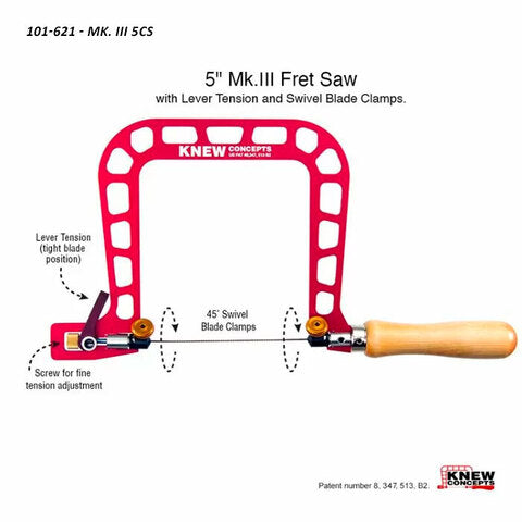5-inch fret saw with red aluminum frame, wooden handle, and labeled tension and blade clamp features