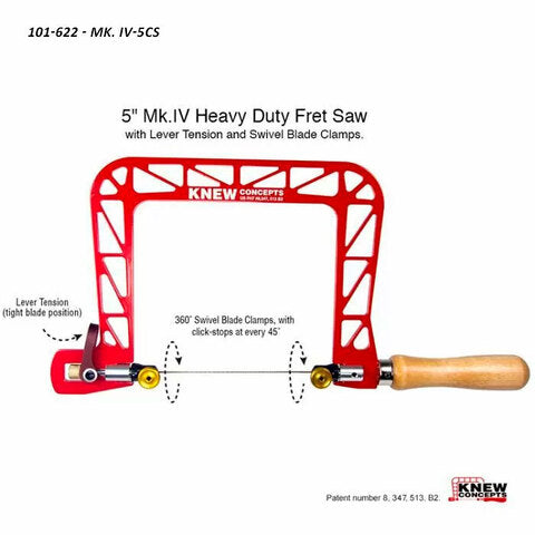 5-inch heavy duty fret saw with red frame, wooden handle, and labeled tension controls
