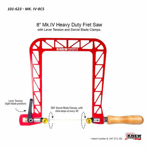 8-inch heavy duty fret saw with red aluminum frame, wooden handle, lever tension, and swivel blade clamps for woodworking.