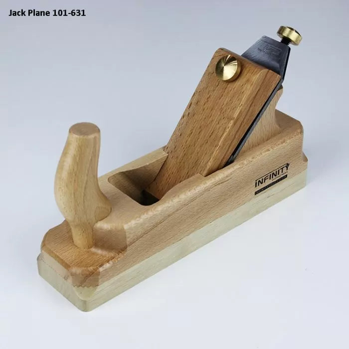 Wooden jack hand plane for woodworking with handle and adjustment knob on white background