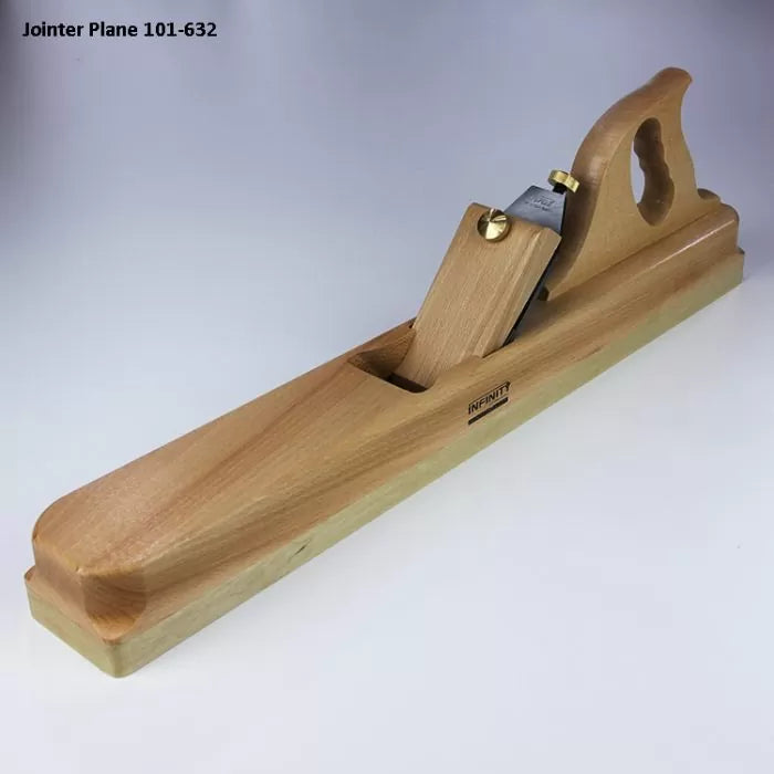 Wooden jointer plane for woodworking with angled blade and ergonomic handle on white background