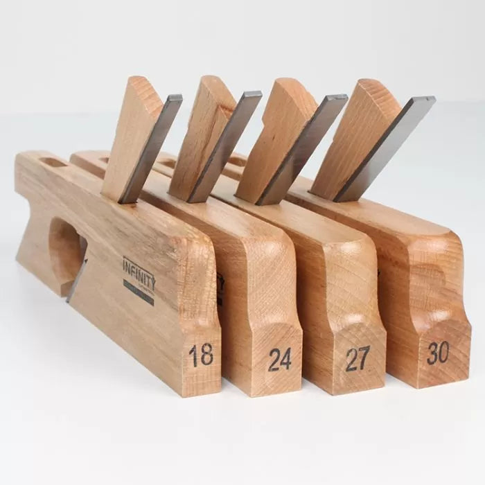 Set of four wooden woodworking planes with steel blades, numbered 18, 24, 27, and 30