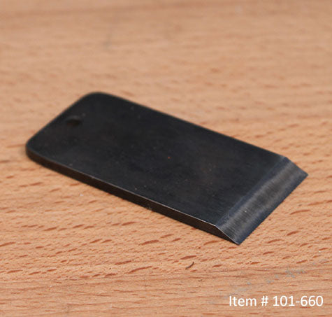 Steel replacement scraper blade for woodworking, beveled edge, on wood surface, Item #101-660
