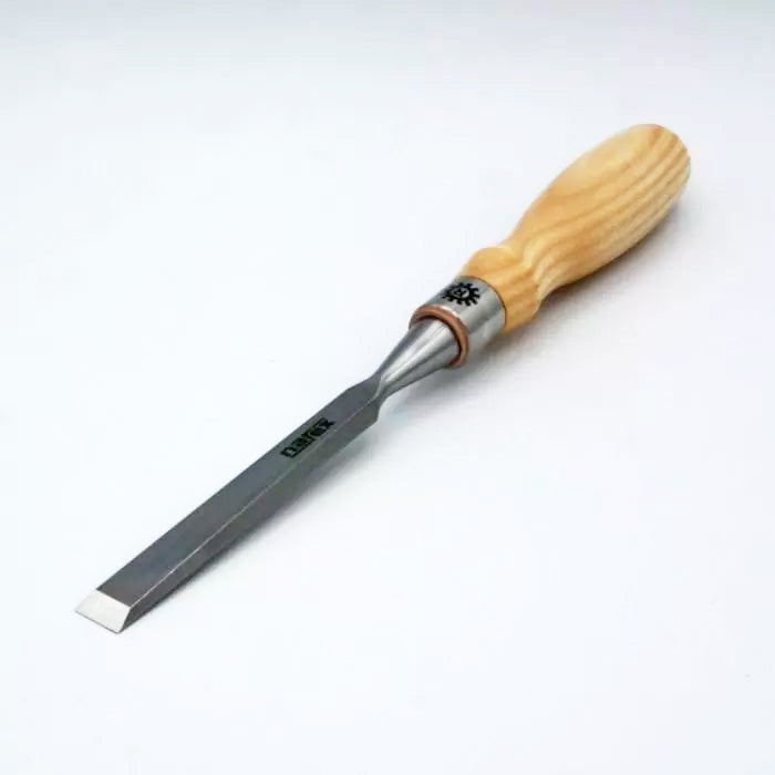 Woodworking chisel with sharp steel blade and ergonomic wooden handle on white background