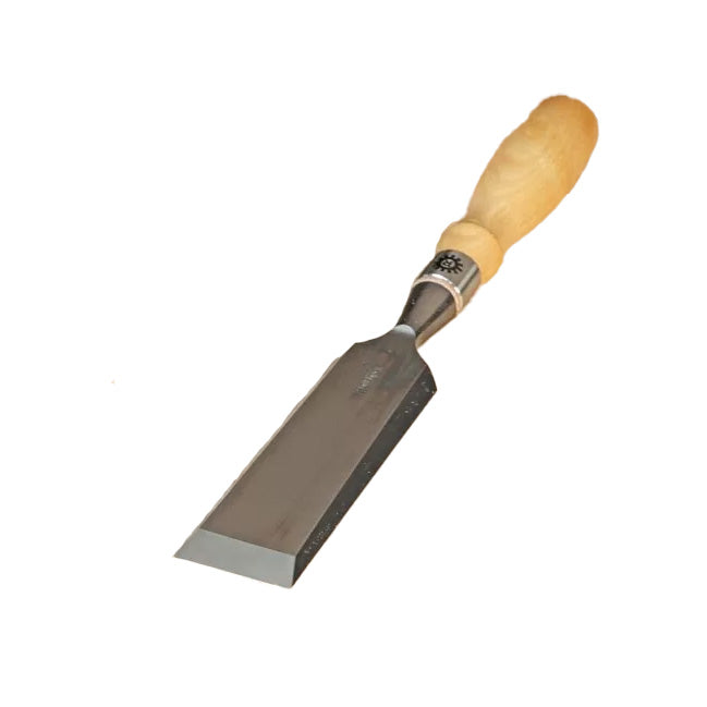 Bench chisel with beveled steel blade and wooden handle for woodworking projects