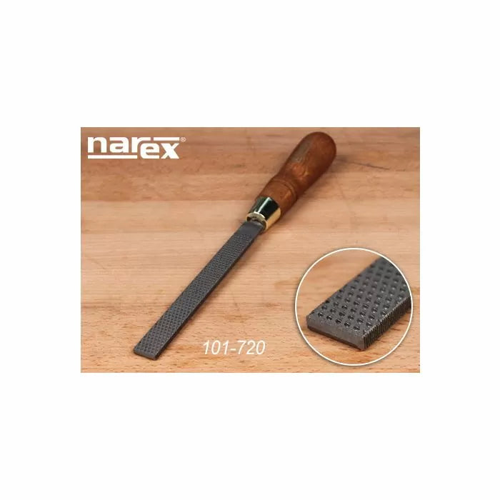 Narex woodworking rasp with wooden handle and close-up of fine cutting teeth on wooden surface