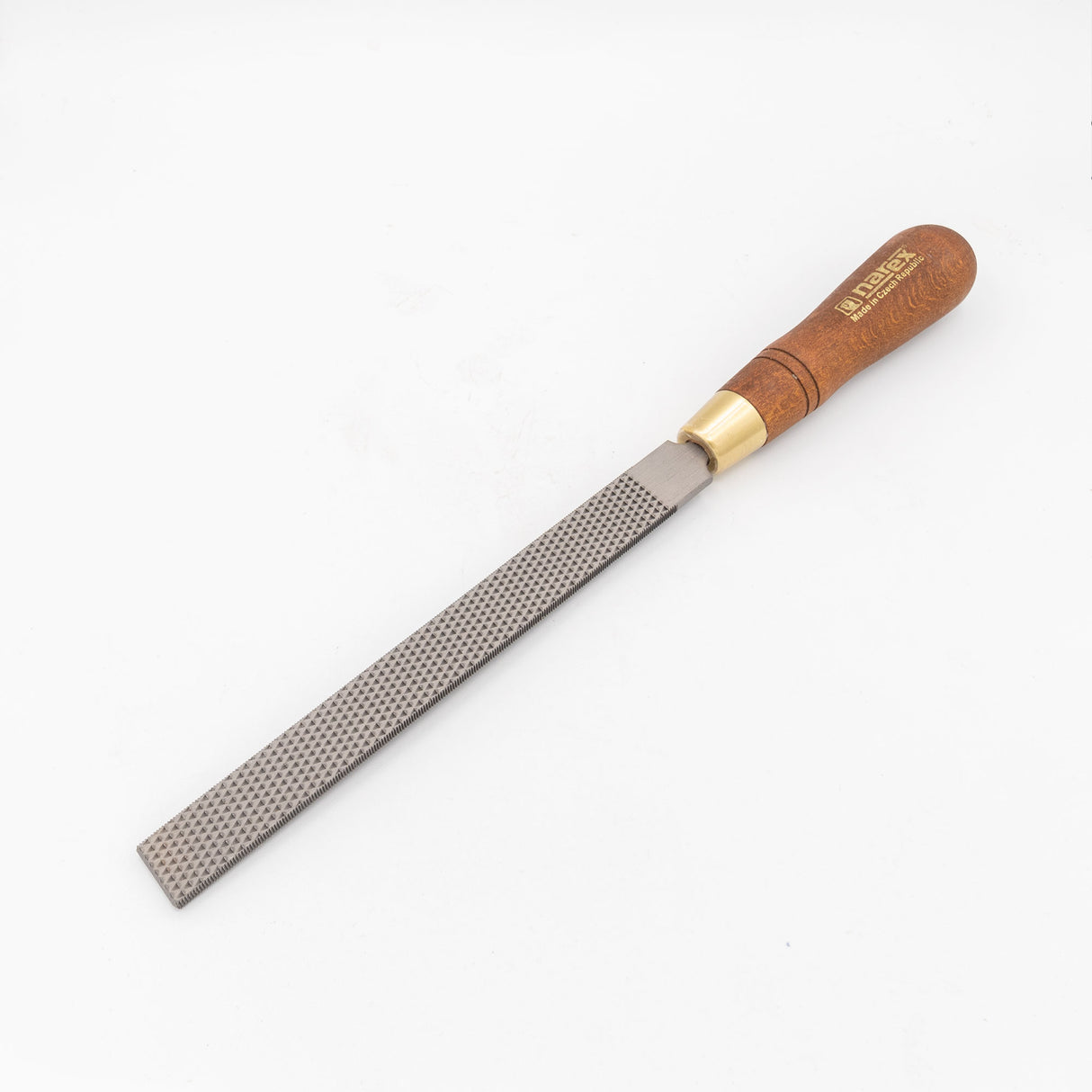 Flat woodworking rasp with a wooden handle and coarse steel teeth on a white background.