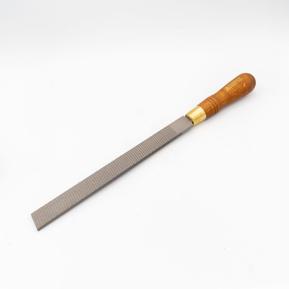 Woodworking hand file with wooden handle and metal rasp on white background
