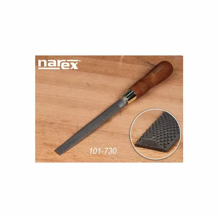 Woodworking rasp file with wooden handle and textured steel blade on wood surface