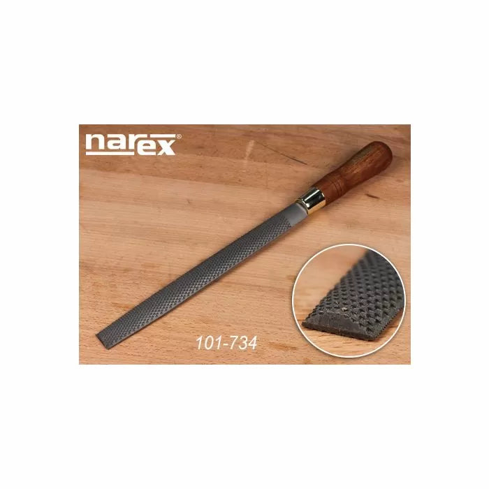 Narex wood rasp with ergonomic wooden handle and close-up of coarse teeth on wooden surface