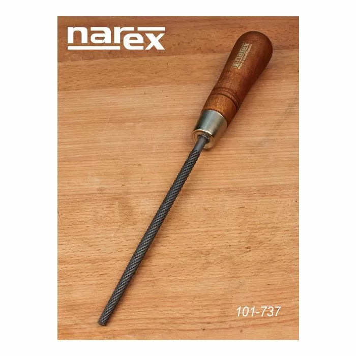 Round wood rasp with wooden handle on workbench, ideal for woodworking detailing.