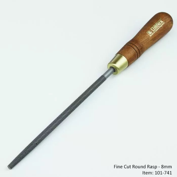Fine cut round rasp 8mm with textured steel file and wooden handle, woodworking tool.