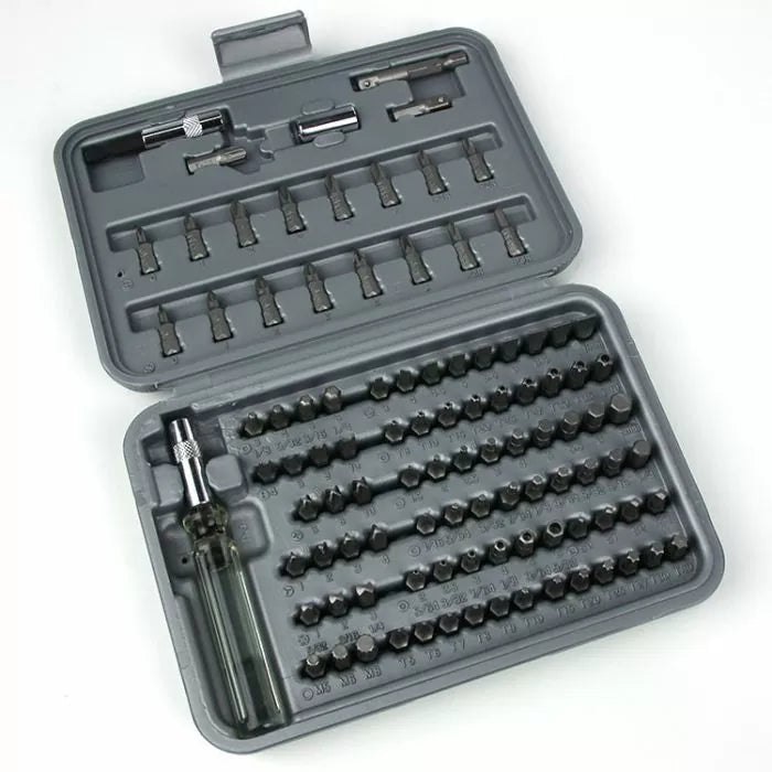 Precision screwdriver bit set in a gray plastic case, assorted bits and handle organized inside.