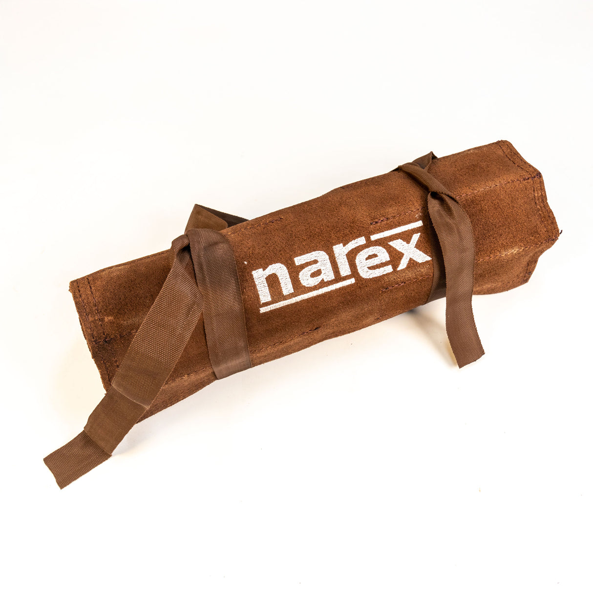 Brown suede tool roll with straps, Narex logo, for woodworking tool storage