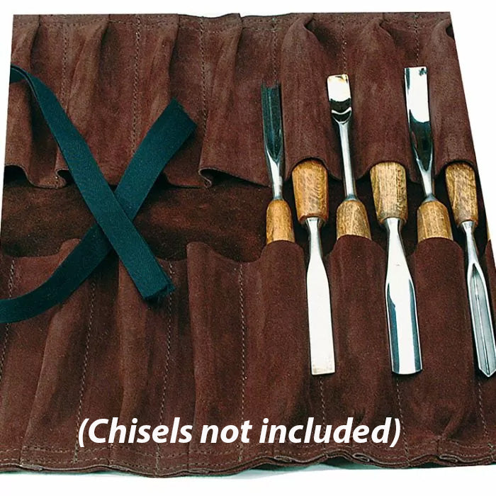Leather chisel roll-up pouch for woodworking tool storage, chisels not included