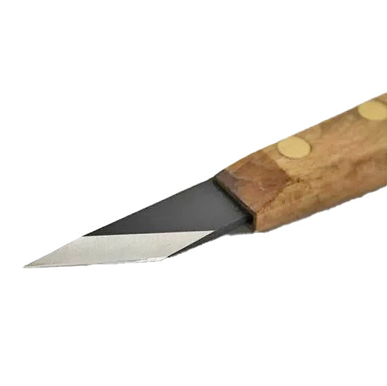 Woodworking marking knife with beveled steel blade and wooden handle
