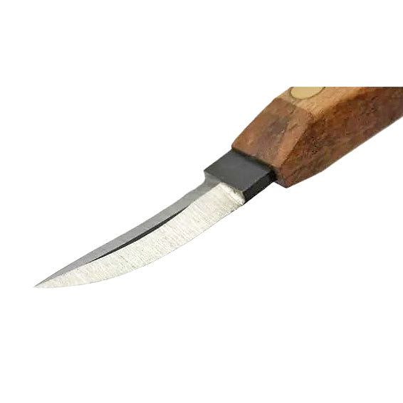 Wood carving detail knife with curved steel blade and wooden handle for woodworking projects