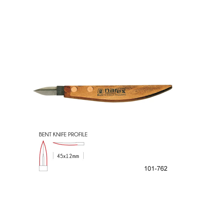 Wood carving bent knife with wooden handle, 45x12mm blade, Narex logo, profile diagram