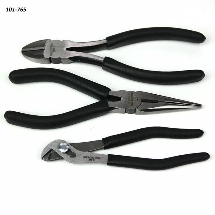Set of three pliers with black handles, including diagonal, long nose, and adjustable pliers