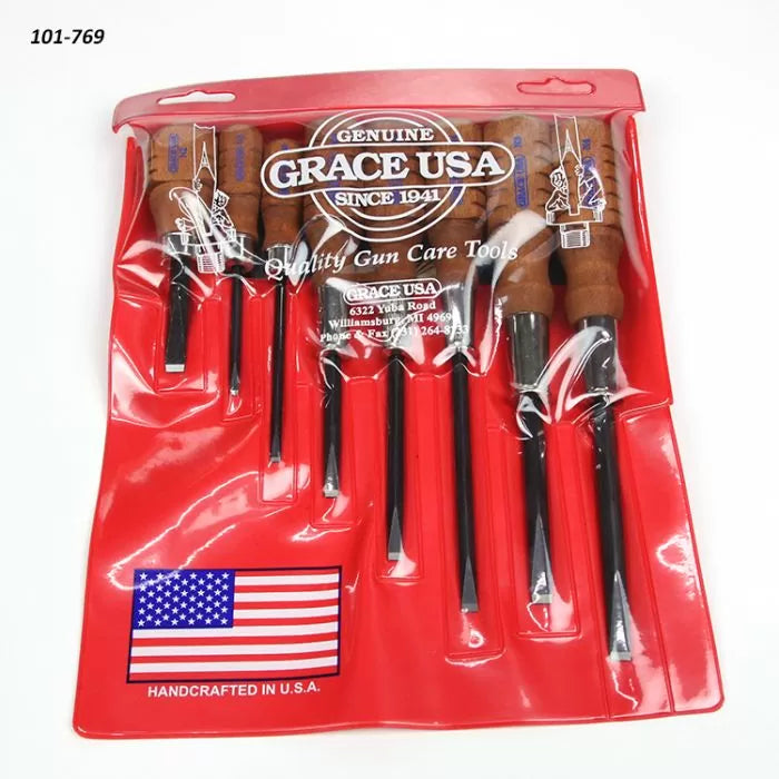 Set of six wood handle screwdrivers in clear packaging, handcrafted in USA, Grace USA branding visible.